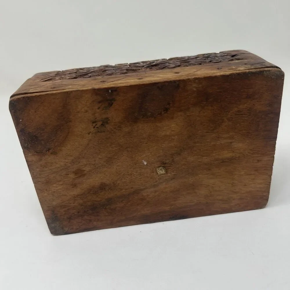 Vintage Carved Wooden Box Jewelry Trinket Flora